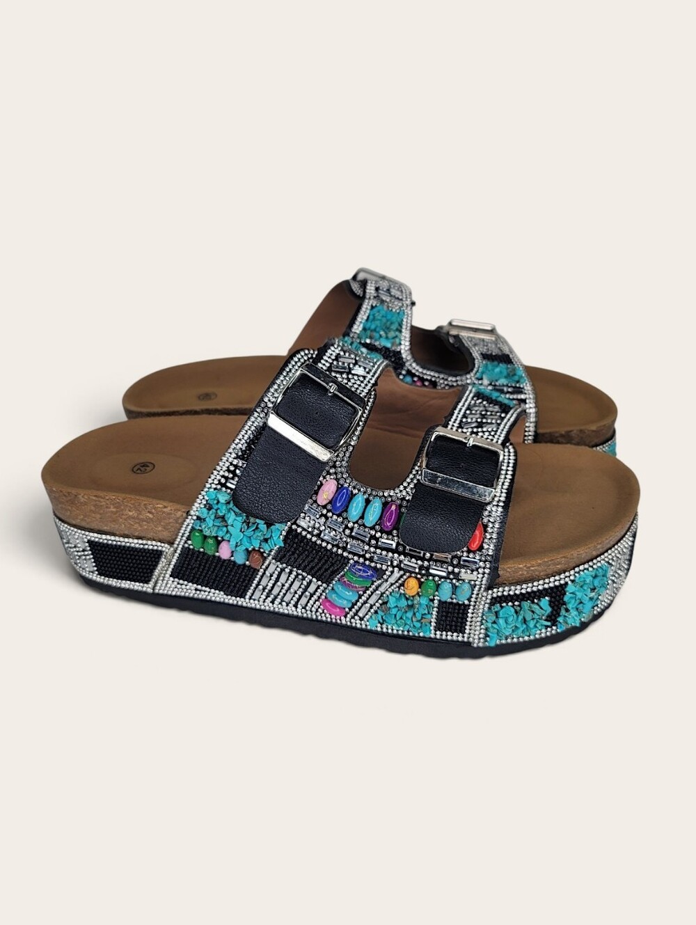 Beaded Turquoise Multi-Accent Platform Sandals - Women Size 9